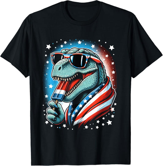 Trex Popsicle USA Flag Funny 4th Of July Dinosaur Girls Boys T-Shirt