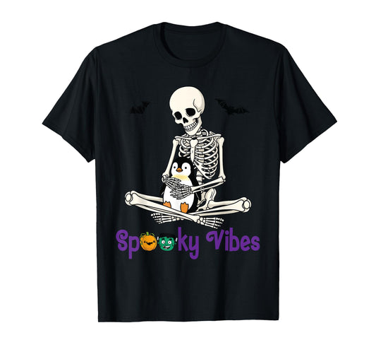 Skeleton Hugging Penguin Cute Spooky Vibes Halloween Day T-Shirt