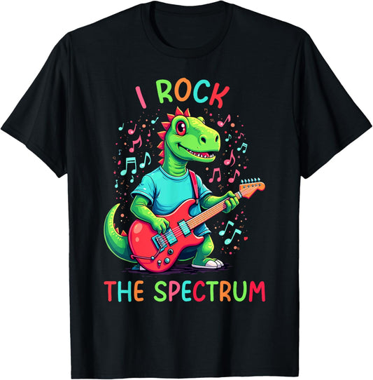 Autism Brain I Rock The Spectrum Awareness Boys Guitar Trex T-Shirt