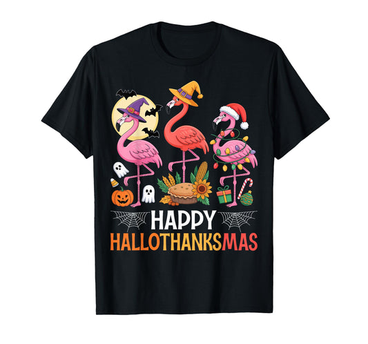 Happy Hallothanksmas Xmas Halloween Thanksgiving Flamingo T-Shirt