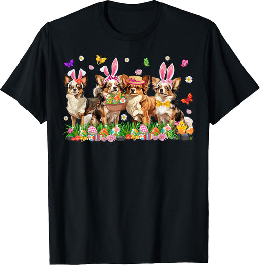 Cute Chihuahua Dogs With Bunny Ears & Egg Basket Easter Day T-Shirt
