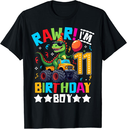 Monster Truck 11th Birthday Shirt Dinosaur Happy Bday T-rex T-Shirt