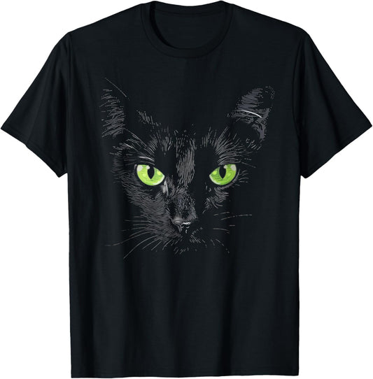 Funny Black Cat Face Green Eyes Kitten Halloween Costume T-Shirt