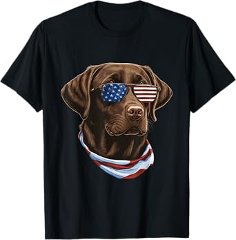 Chocolate Labrador With USA Sunglasses And Flag T-Shirt