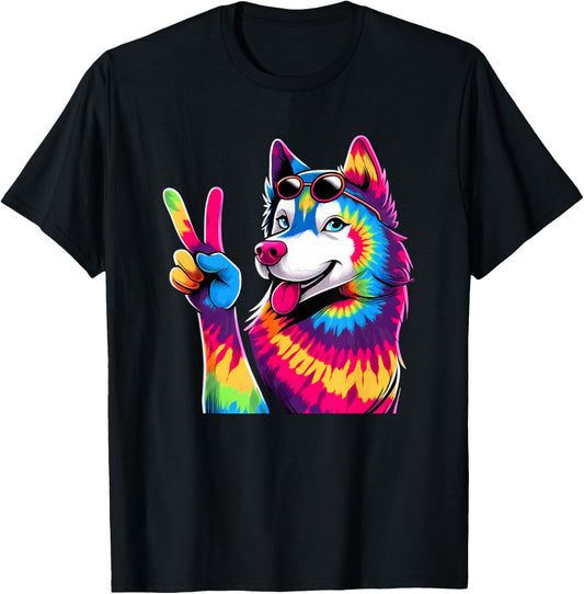 Peace Sign Tie Dye Husky dog T-Shirt