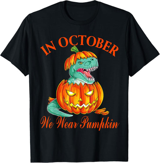 In October Pumpkin Costume Dinosaur For Halloween Kids Scary T-Shirt