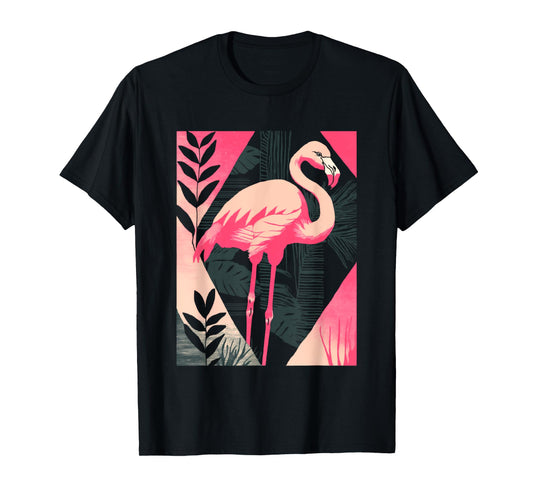 Palm Fronds Art Deco Retro Tropical Flamingo T-Shirt