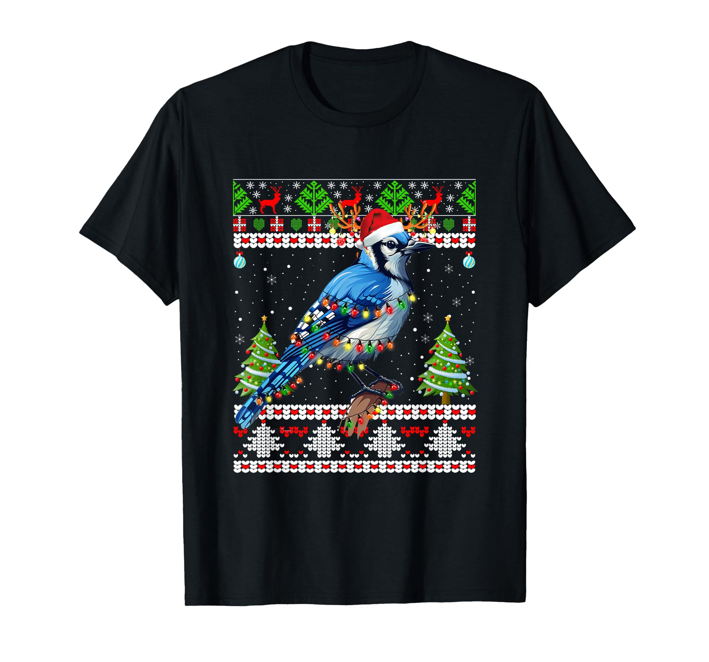 Xmas Lights Ugly Sweater Style Santa Blue Jay Bird Christmas T-Shirt