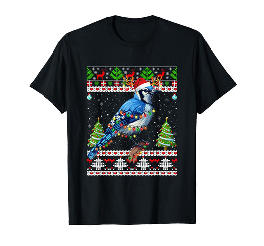 Xmas Lights Ugly Sweater Style Santa Blue Jay Bird Christmas T-Shirt