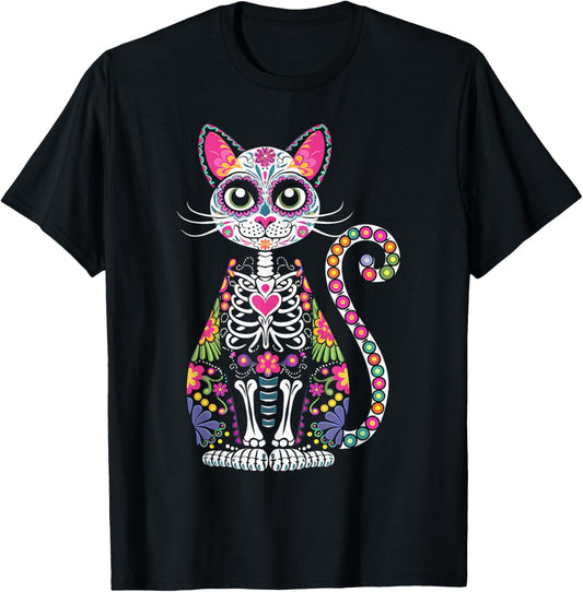 Dia Muertos Cat Sugar Skull Halloween Costume T-Shirt