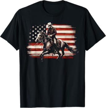 Western Cowboy 4th of July Vintage USA Flag Patriotic T-Shirt