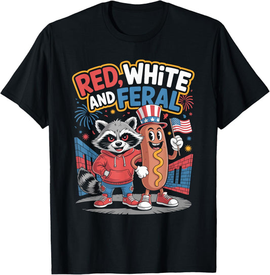 Funny Red White and Feral Raccoon with Hot Dog 4th Of July T-Shirt
