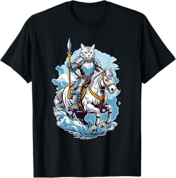 Brave Cat Knight On A Fantasy Horse T-Shirt for Men Women Girls Kids