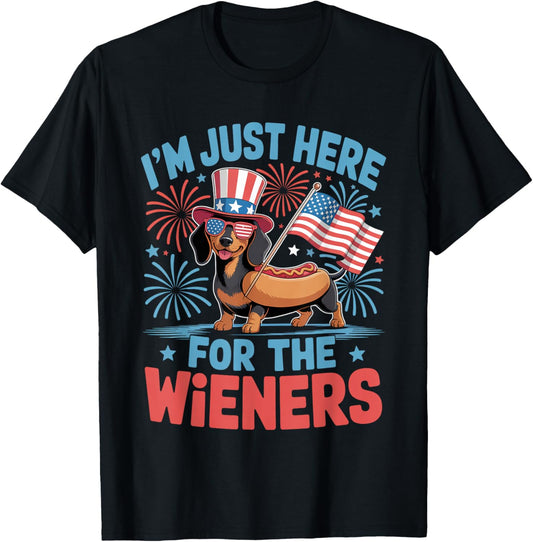 4th Of July Dog Here For Wieners Dachshund Hotdog Men Women T-Shirt
