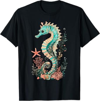 Seahorse Coral Starfish Nautical Art T-Shirt