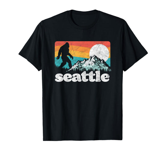 Seattle Washington Bigfoot Mountains Retro Distressed 80s T-Shirt