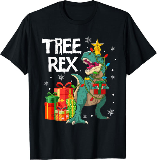 Dinosaur T Rex Christmas Tree Lights Pajamas Men Boys Kids T-Shirt