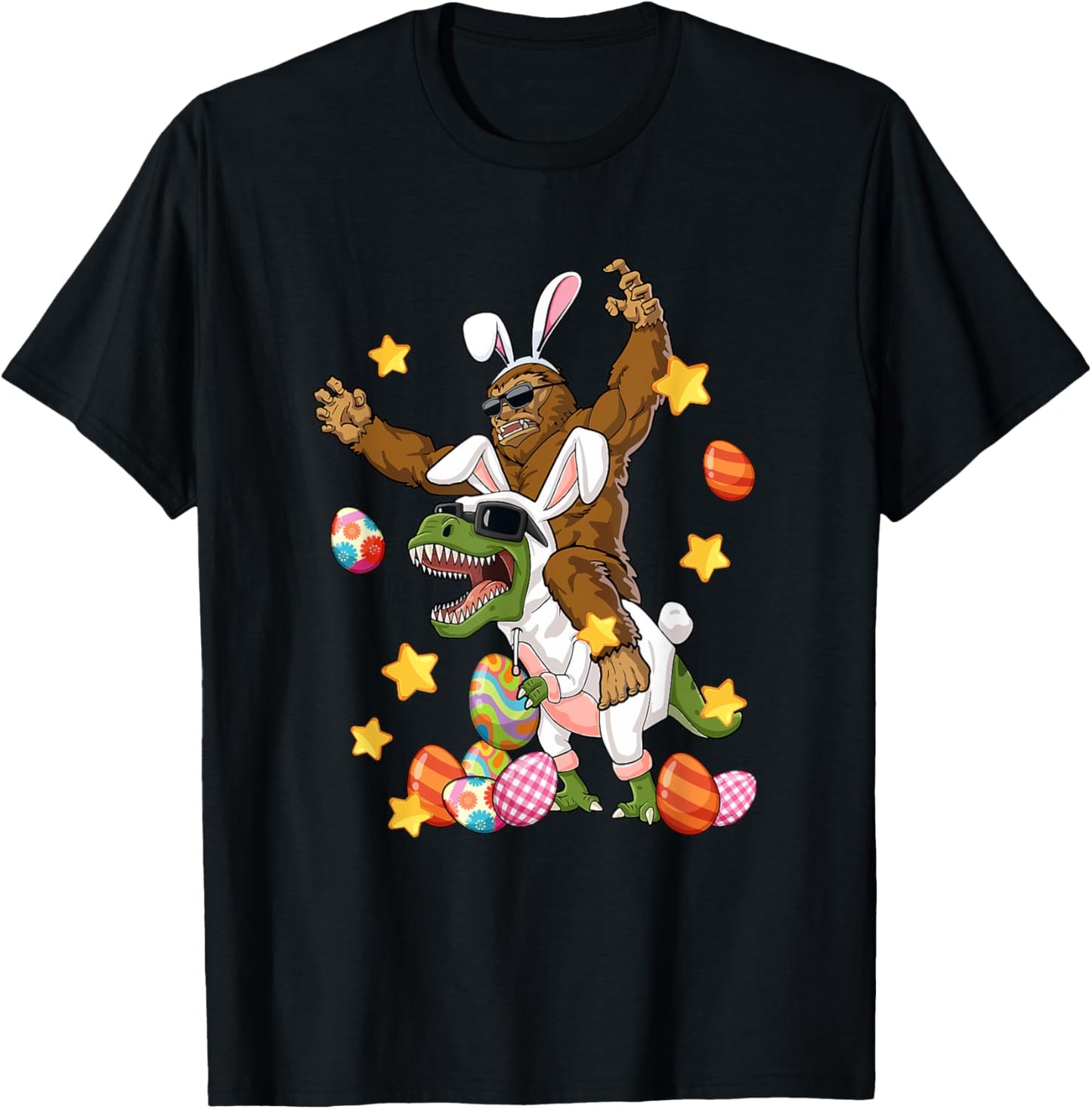 Happy Easter Day Bunny Bigfoot Riding Dinosaur Easter Eggs T-Shirt