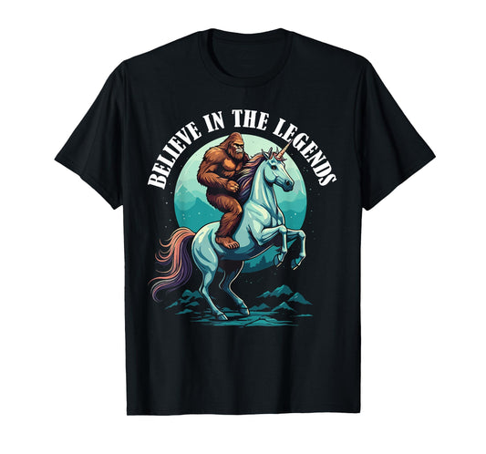 Bigfoot Riding Unicorn Funny Mythical Sasquatch Fantasy T-Shirt