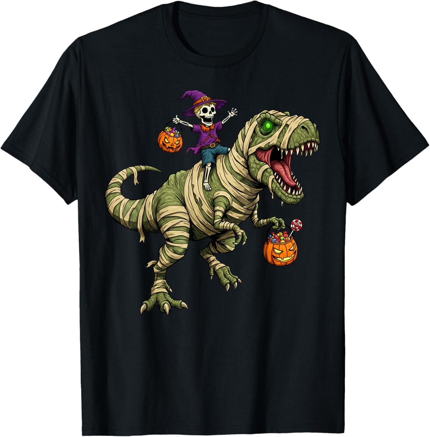 Skeleton Riding Mummy Dinosaur T-rex Halloween Funny Pumpkin T-Shirt