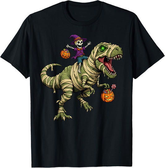 Skeleton Riding Mummy Dinosaur T-rex Halloween Funny Pumpkin T-Shirt