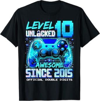 Level 10 Unlocked Awesome Since 2015 10th Birthday Gaming T-Shirt