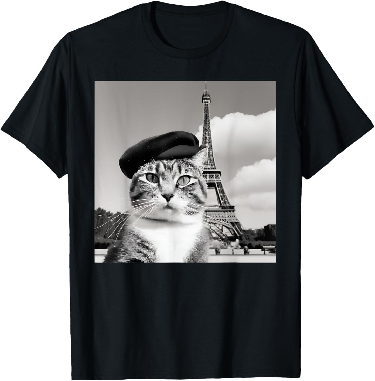 Funny Cat Wearing a Beret At The Eiffel Tower in France T-Shirt
