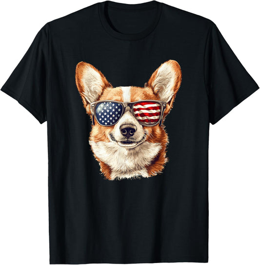 Patriotic Corgi USA Flag Sunglasses Dog Lover 4th Of July T-Shirt