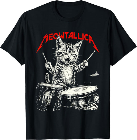 Rock On Vintage Drummer Cat 80s Band Style T-Shirt