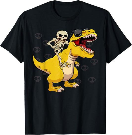 Skeleton Riding Dinosaur Lazy Halloween Costume Cute T-Rex T-Shirt