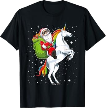 Christmas Santa Riding Unicorn horse Girls Kids Women pajama T-Shirt