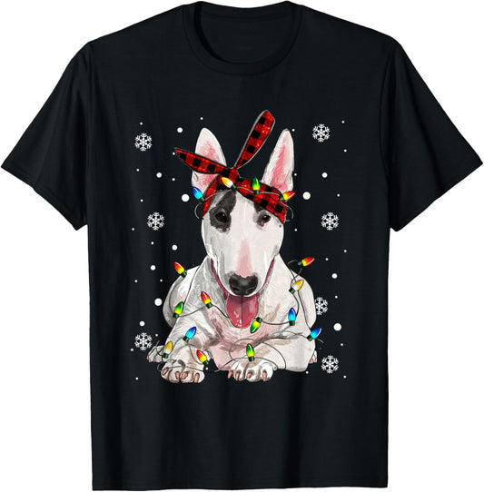 Bull Terrier Dog Santa Christmas Tree Lights Pajama Xmas T-Shirt