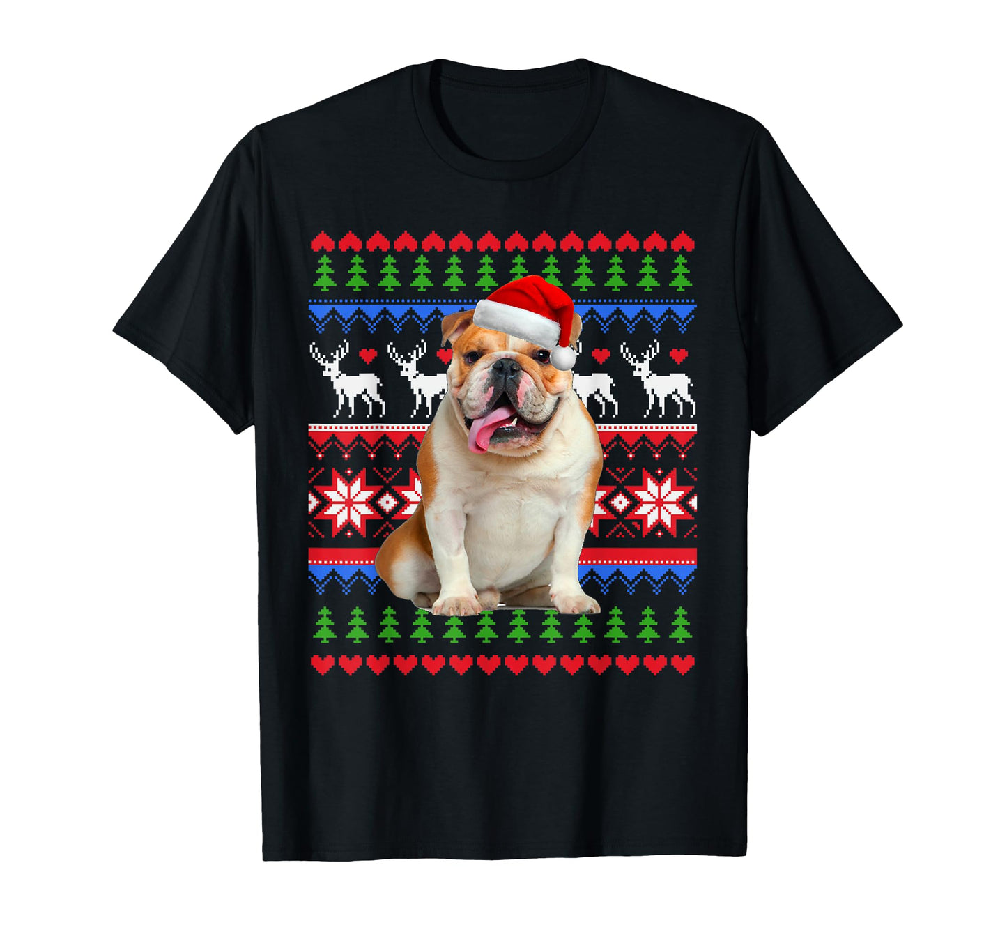Santa English Bulldog Christmas Light Ugly Christmas Sweater T-Shirt for Men Women Kids