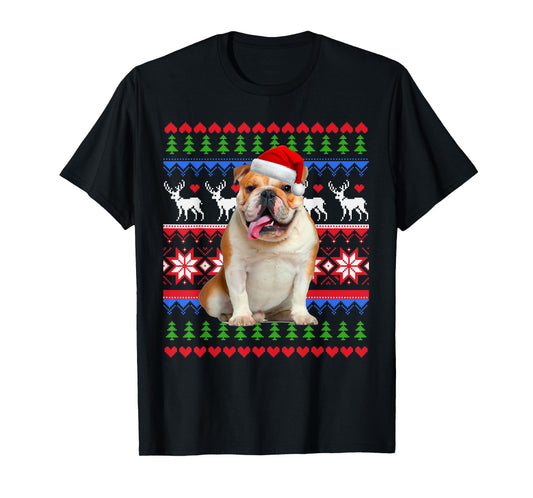 Santa English Bulldog Christmas Light Ugly Christmas Sweater T-Shirt for Men Women Kids