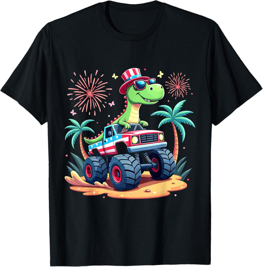 Dinosaur Monster Truck 4th of July T Rex USA Flag Boys Kids T-Shirt