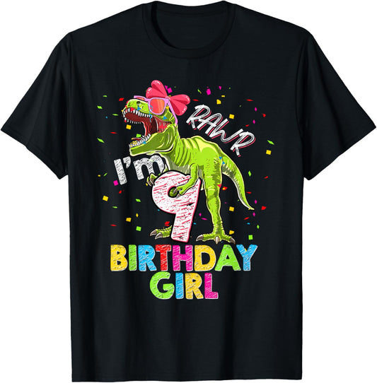 Kids Rawr I'm 9 9th Birthday T Rex Dinosaur Party For Girls T-Shirt