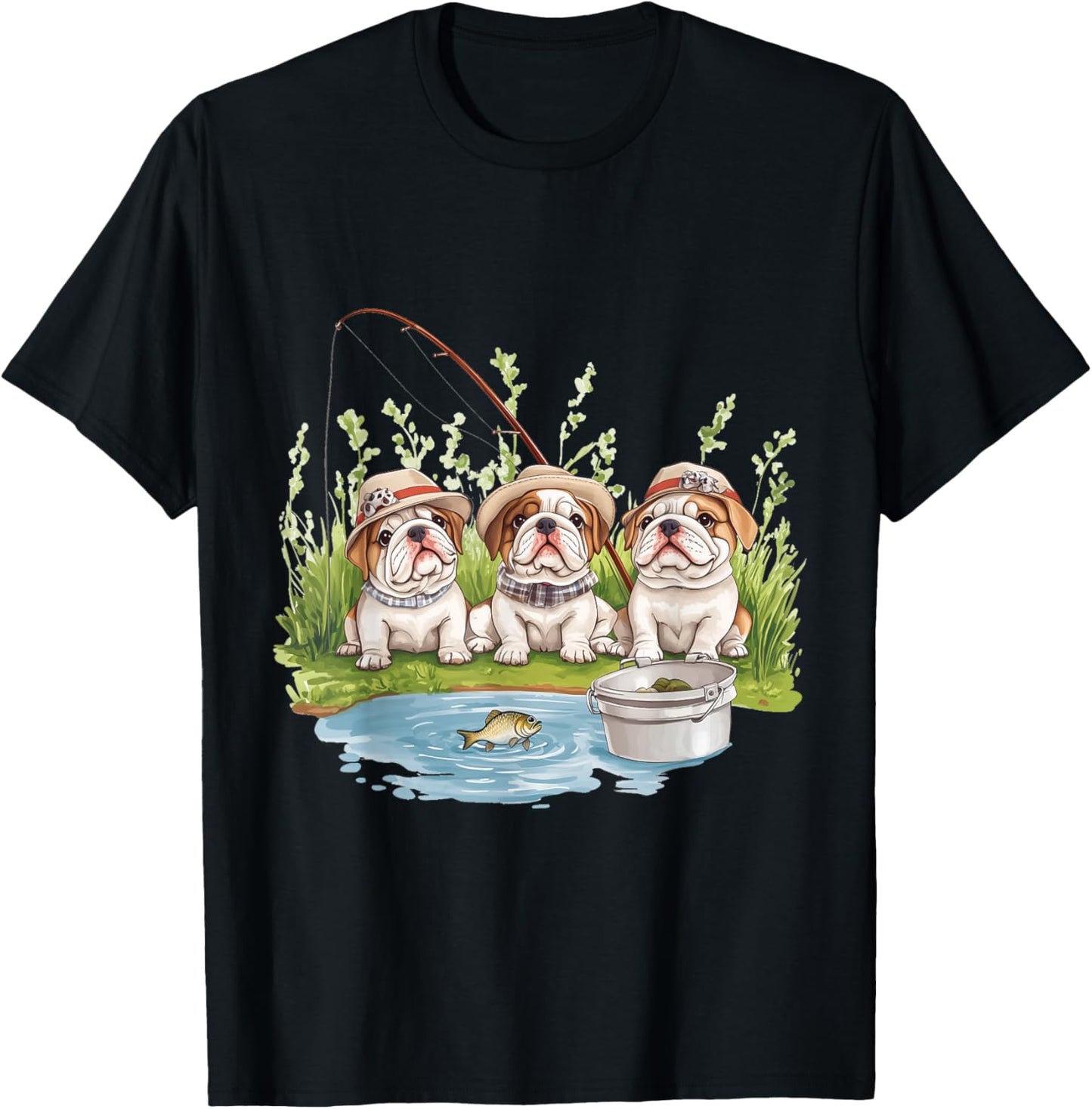Cute English Bulldogs Fishing Pond Puppy Lake Fish Dogs T-Shirt