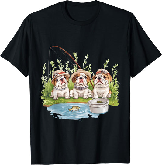 Cute English Bulldogs Fishing Pond Puppy Lake Fish Dogs T-Shirt