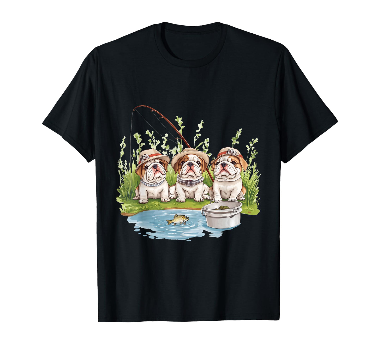 Cute English Bulldogs Fishing Pond Puppy Lake Fish Dogs T-Shirt