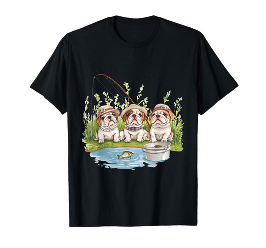 Cute English Bulldogs Fishing Pond Puppy Lake Fish Dogs T-Shirt