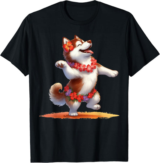 Dancing Hawaiian Siberian Husky with Tropical Flowers Dogs T-Shirt