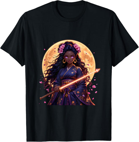 Black Woman Japanese Anime Samurai Girl Black Cat Women T-Shirt