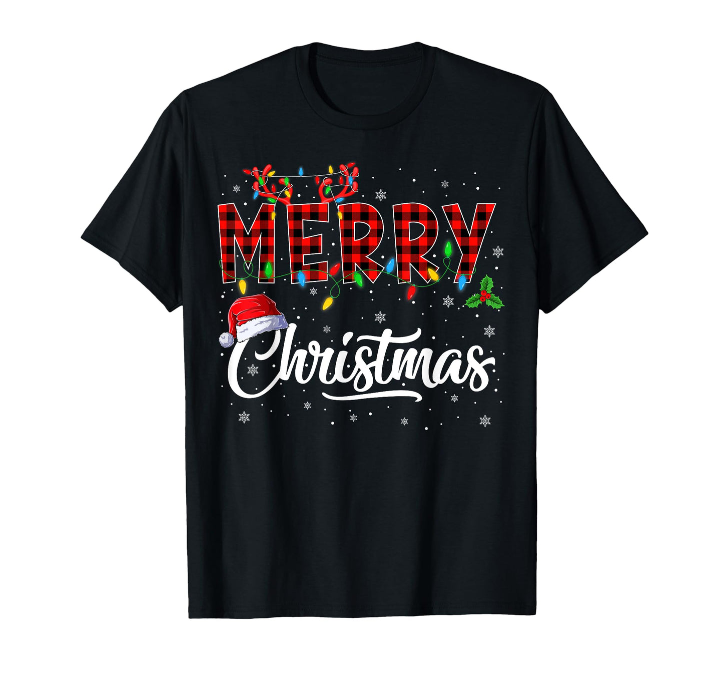 Merry Christmas Lights Santa Hat Xmas Family Men Women Kids T-Shirt