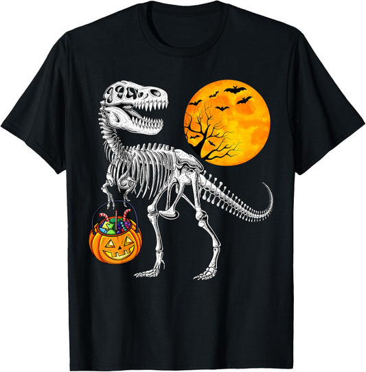 Dinosaur Skeleton T rex Scary Pumpkin Moon Kids Halloween T-Shirt