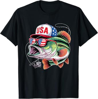 Funny Fish Bass American Flag Fishing Fisherman 4th of July T-Shirt