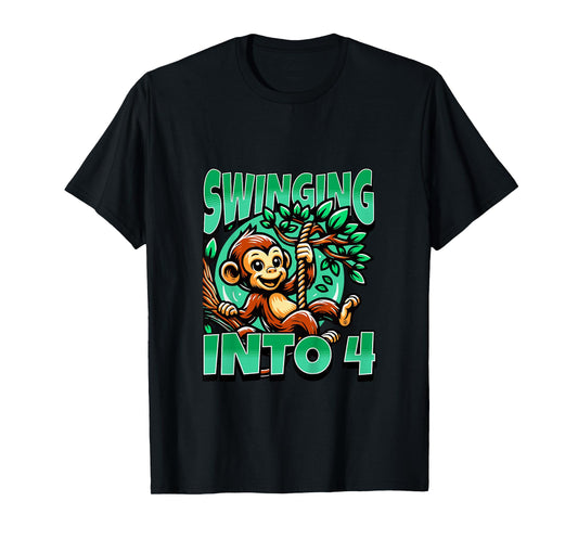 Kids Monkey Swinging Into 4 Year Old 4th Birthday Boy Girl T-Shirt