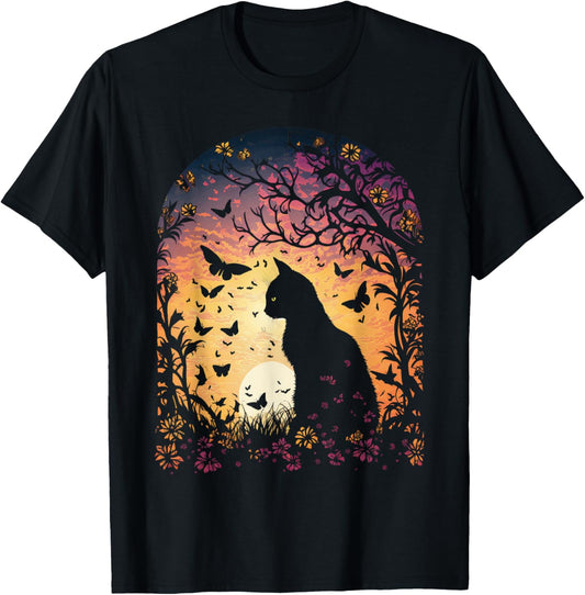 Cottagecore Cat Sunset Butterflies Flowers Garden Women T-Shirt
