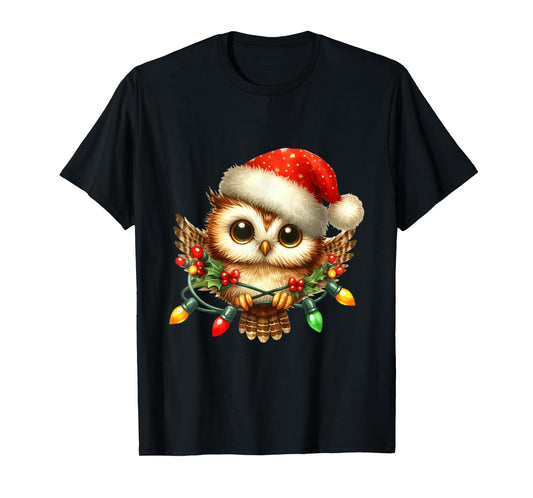 Owl Christmas Lights Santa Hat Xmas Owl Lover T-Shirt