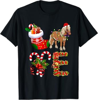 Horse Christmas Lights Led Funny Santa Hat Christmas T-Shirt