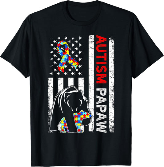 Distressed American Flag Autism Papaw Bear Awareness T-Shirt
